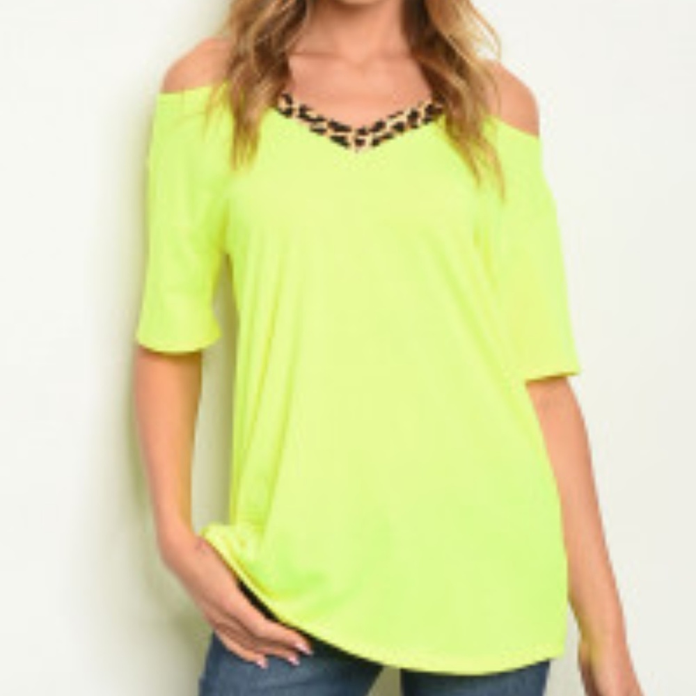 Neon Yellow Cold Shoulder V-Neck Top